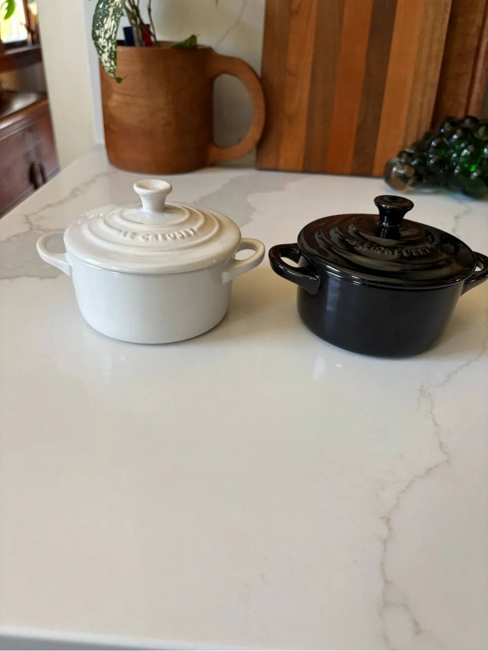 Le Creuset Ceramic Mini Cocotte Pair in White and Black EUC